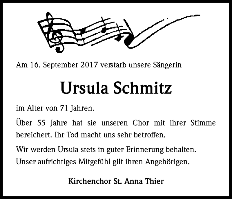  Traueranzeige für Ursula Schmitz vom 23.09.2017 aus Kölner Stadt-Anzeiger / Kölnische Rundschau / Express