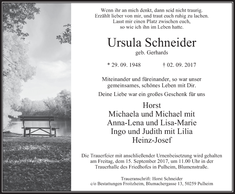  Traueranzeige für Ursula Schneider vom 13.09.2017 aus  Wochenende 