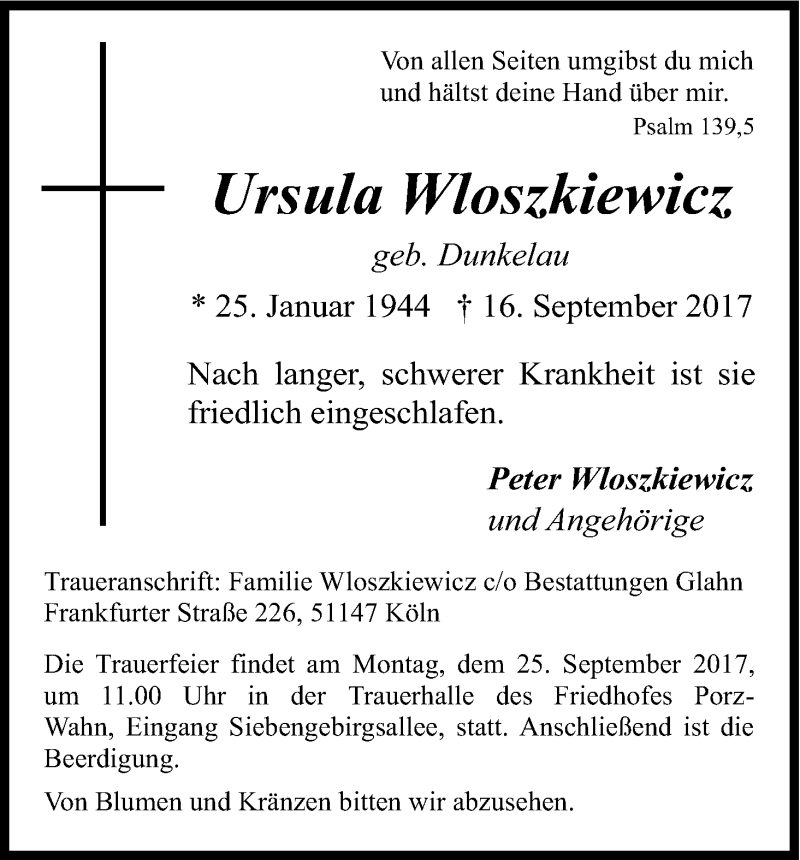  Traueranzeige für Ursula Wloszkiewicz vom 20.09.2017 aus Kölner Stadt-Anzeiger / Kölnische Rundschau / Express
