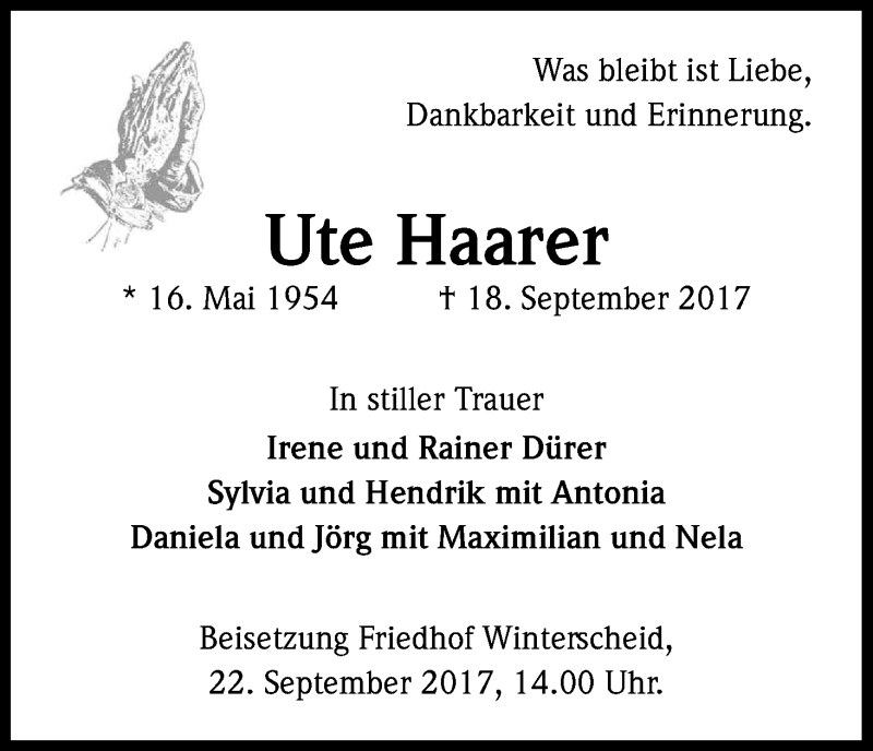  Traueranzeige für Ute Haarer vom 20.09.2017 aus Kölner Stadt-Anzeiger / Kölnische Rundschau / Express