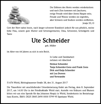 Anzeige von Ute Schneider von Kölner Stadt-Anzeiger / Kölnische Rundschau / Express