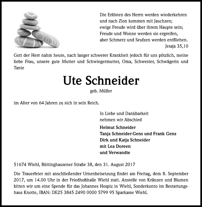  Traueranzeige für Ute Schneider vom 02.09.2017 aus Kölner Stadt-Anzeiger / Kölnische Rundschau / Express