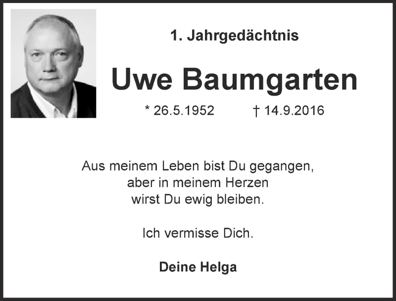  Traueranzeige für Uwe Baumgarten vom 13.09.2017 aus  Kölner Wochenspiegel 