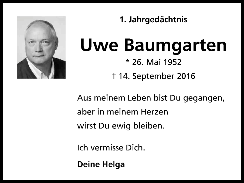  Traueranzeige für Uwe Baumgarten vom 13.09.2017 aus Kölner Stadt-Anzeiger / Kölnische Rundschau / Express