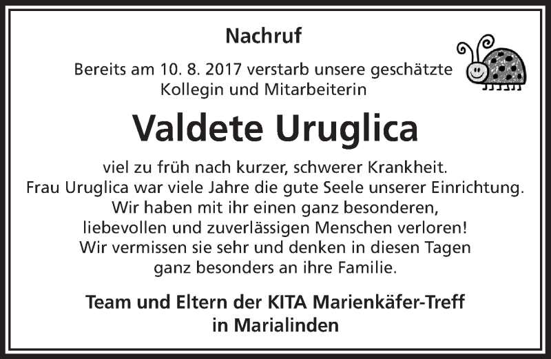 Traueranzeige für Valdete Uruglica vom 06.09.2017 aus  Bergisches Handelsblatt 