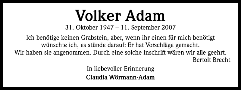  Traueranzeige für Volker Adam vom 09.09.2017 aus Kölner Stadt-Anzeiger / Kölnische Rundschau / Express
