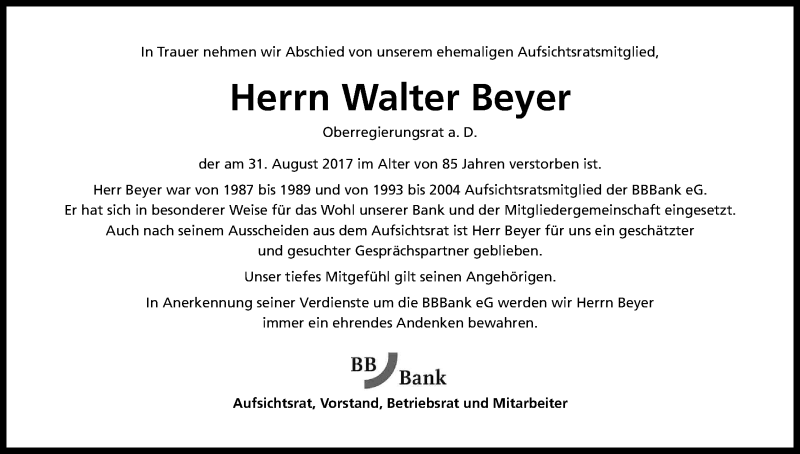  Traueranzeige für Walter Beyer vom 16.09.2017 aus Kölner Stadt-Anzeiger / Kölnische Rundschau / Express