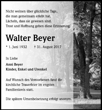 Anzeige von Walter Beyer von Kölner Stadt-Anzeiger / Kölnische Rundschau / Express