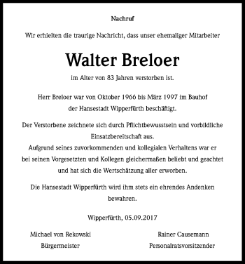 Anzeige von Walter Breloer von Kölner Stadt-Anzeiger / Kölnische Rundschau / Express