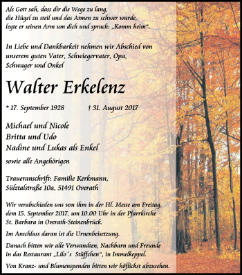 Anzeige von Walter Erkelenz von Kölner Stadt-Anzeiger / Kölnische Rundschau / Express