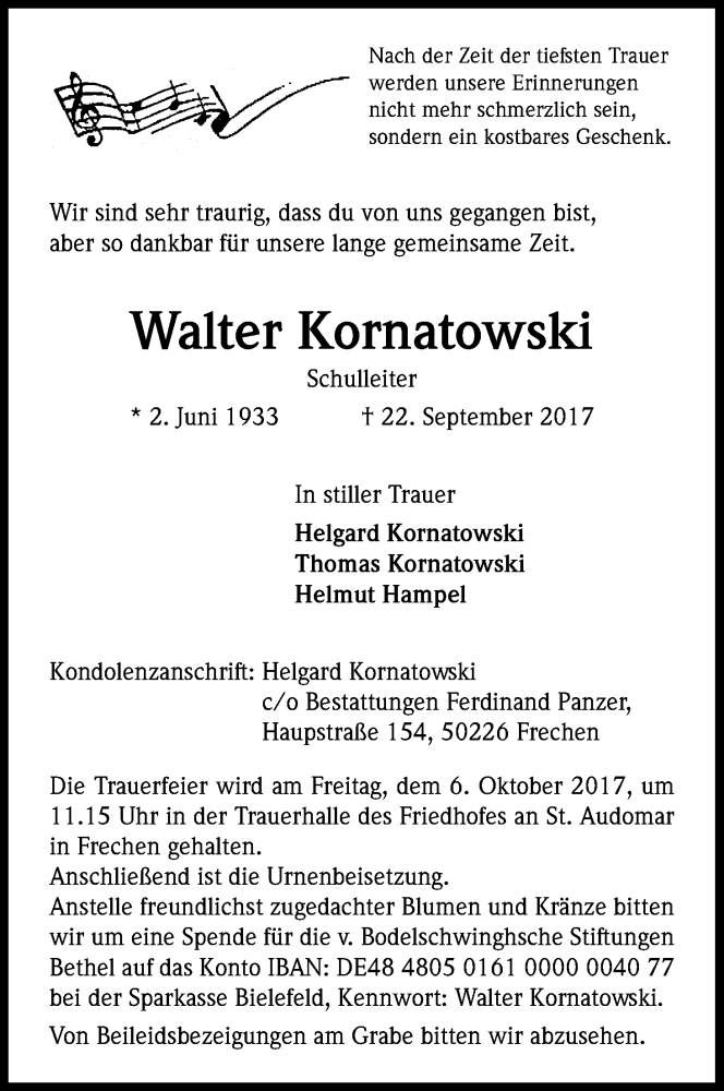  Traueranzeige für Walter Kornatowski vom 30.09.2017 aus Kölner Stadt-Anzeiger / Kölnische Rundschau / Express