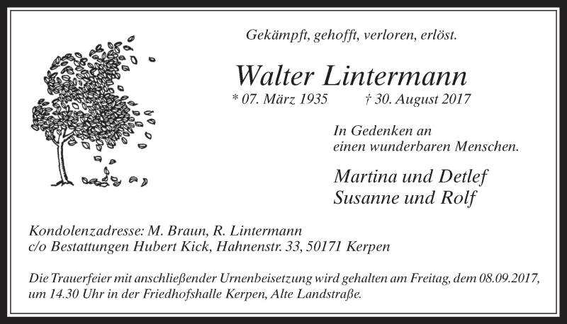  Traueranzeige für Walter Lintermann vom 06.09.2017 aus  Werbepost 