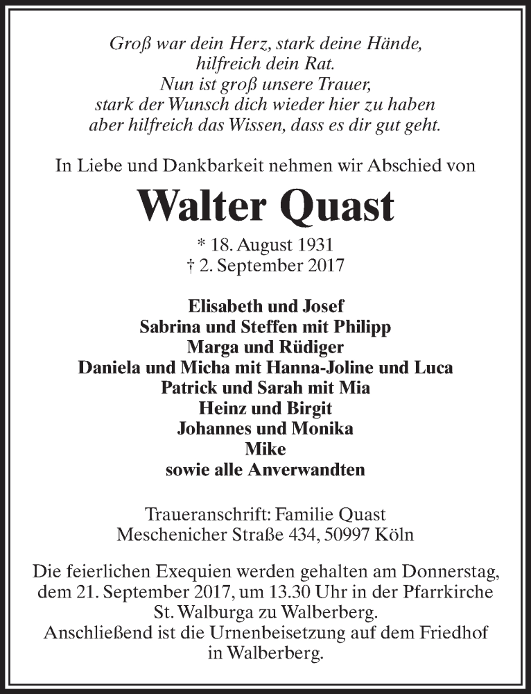  Traueranzeige für Walter Quast vom 13.09.2017 aus  Schlossbote/Werbekurier 