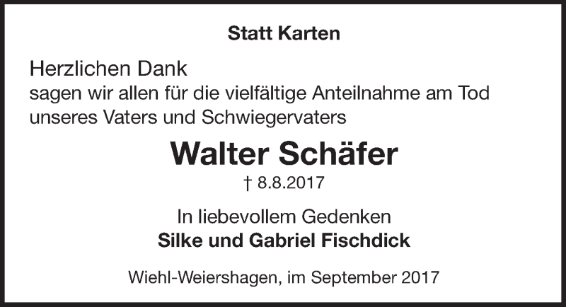  Traueranzeige für Walter Schäfer vom 20.09.2017 aus  Anzeigen Echo 