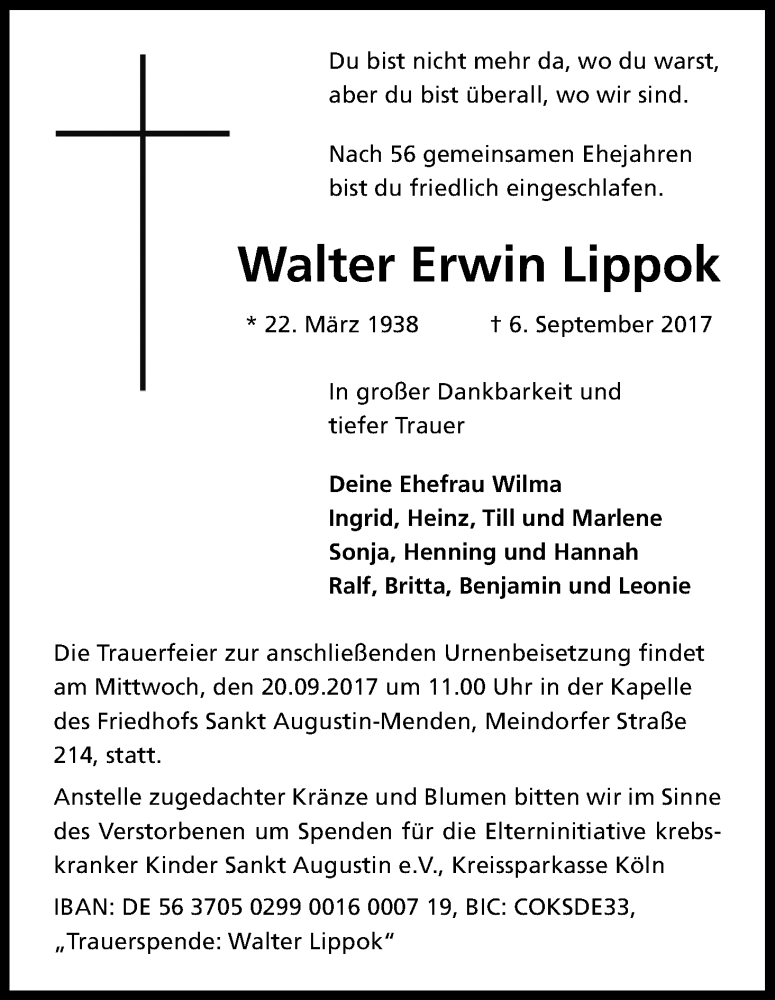  Traueranzeige für Walter Erwin Lippok vom 16.09.2017 aus Kölner Stadt-Anzeiger / Kölnische Rundschau / Express