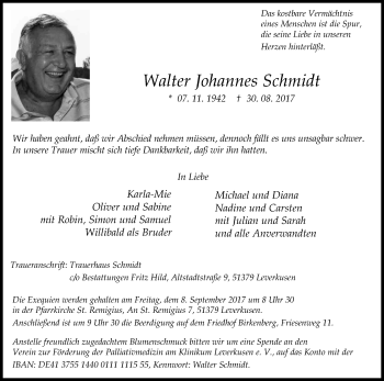 Anzeige von Walter Johannes Schmidt von Kölner Stadt-Anzeiger / Kölnische Rundschau / Express
