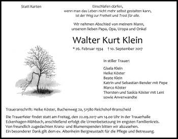Anzeige von Walter Kurt Klein von Kölner Stadt-Anzeiger / Kölnische Rundschau / Express