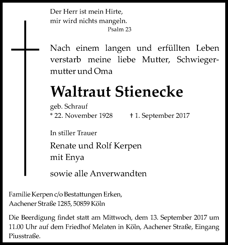  Traueranzeige für Waltraud Stienecke vom 09.09.2017 aus Kölner Stadt-Anzeiger / Kölnische Rundschau / Express