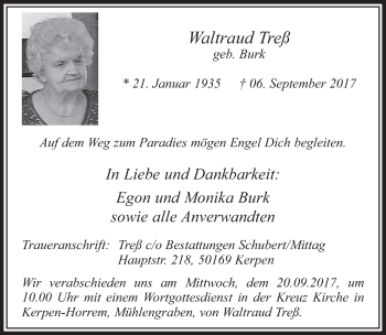 Anzeige von Waltraud Treß von  Sonntags-Post 