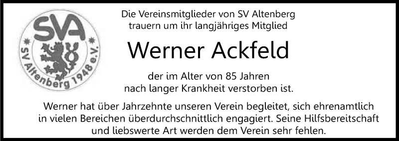  Traueranzeige für Werner Ackfeld vom 02.09.2017 aus Kölner Stadt-Anzeiger / Kölnische Rundschau / Express