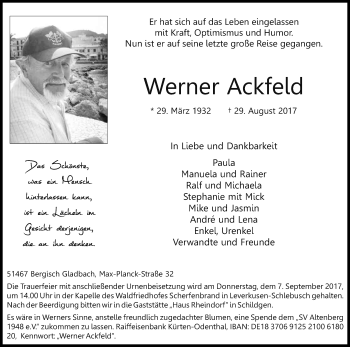 Anzeige von Werner Ackfeld von Kölner Stadt-Anzeiger / Kölnische Rundschau / Express