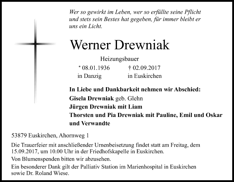  Traueranzeige für Werner Drewniak vom 09.09.2017 aus Kölner Stadt-Anzeiger / Kölnische Rundschau / Express