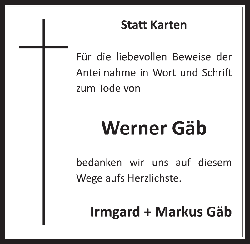  Traueranzeige für Werner Gäb vom 06.09.2017 aus  Werbepost 