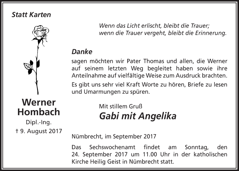  Traueranzeige für Werner Hombach vom 20.09.2017 aus  Lokalanzeiger 
