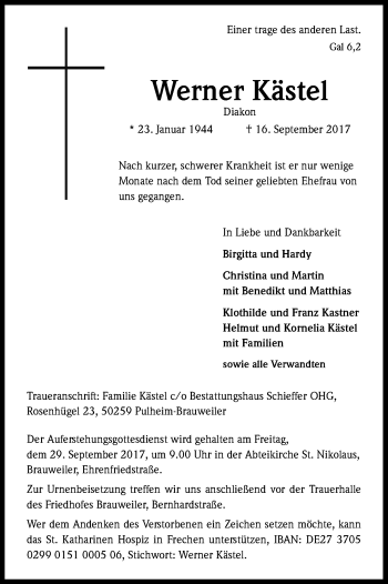 Anzeige von Werner Kästel von Kölner Stadt-Anzeiger / Kölnische Rundschau / Express