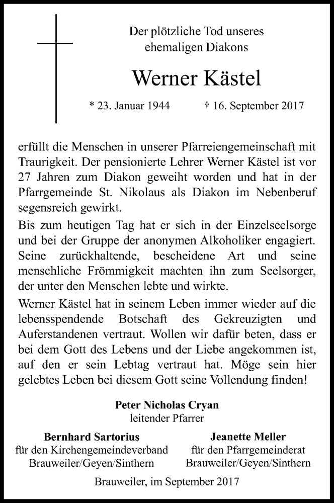  Traueranzeige für Werner Kästel vom 23.09.2017 aus Kölner Stadt-Anzeiger / Kölnische Rundschau / Express