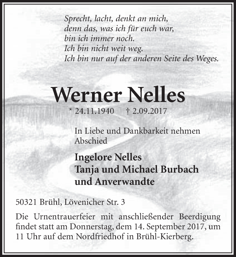  Traueranzeige für Werner Nelles vom 06.09.2017 aus  Schlossbote/Werbekurier 