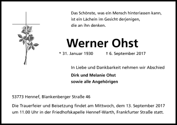 Anzeige von Werner Ohst von Kölner Stadt-Anzeiger / Kölnische Rundschau / Express