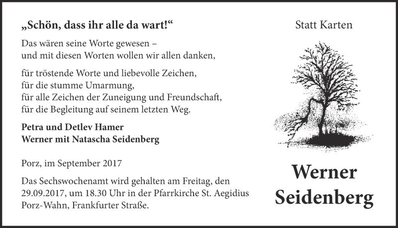  Traueranzeige für Werner Seidenberg vom 06.09.2017 aus  Kölner Wochenspiegel 