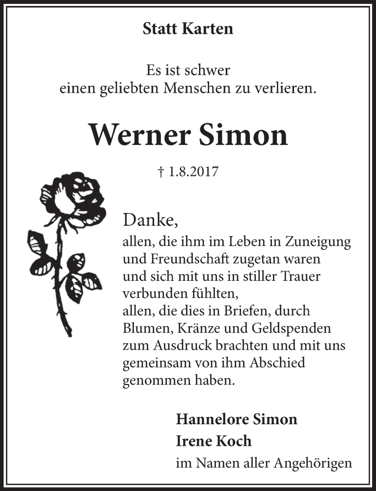  Traueranzeige für Werner Simon vom 20.09.2017 aus  Schlossbote/Werbekurier 