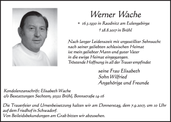 Anzeige von Werner Wache von  Schlossbote/Werbekurier 