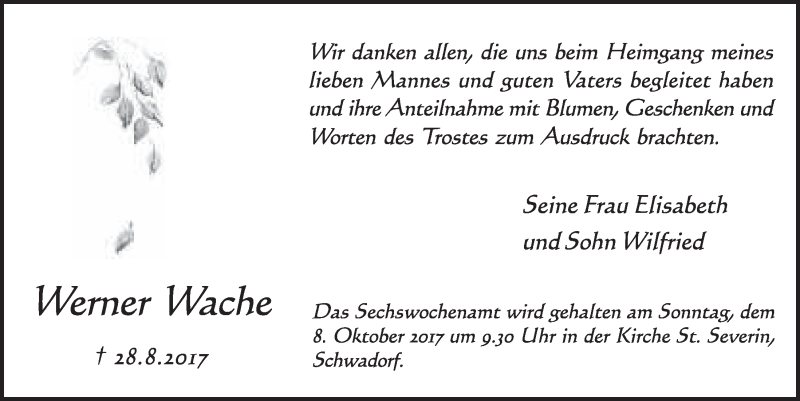  Traueranzeige für Werner Wache vom 27.09.2017 aus  Schlossbote/Werbekurier 