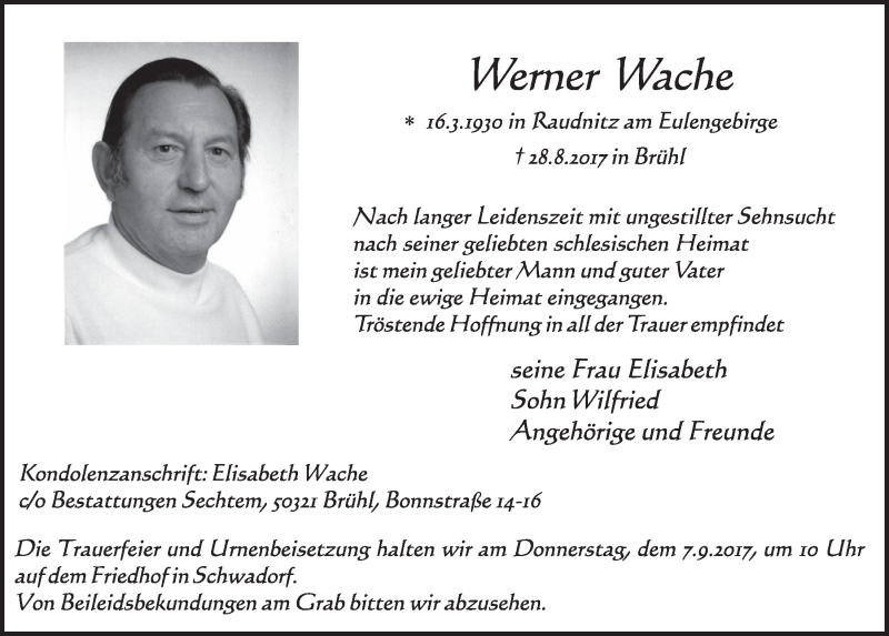  Traueranzeige für Werner Wache vom 06.09.2017 aus  Schlossbote/Werbekurier 