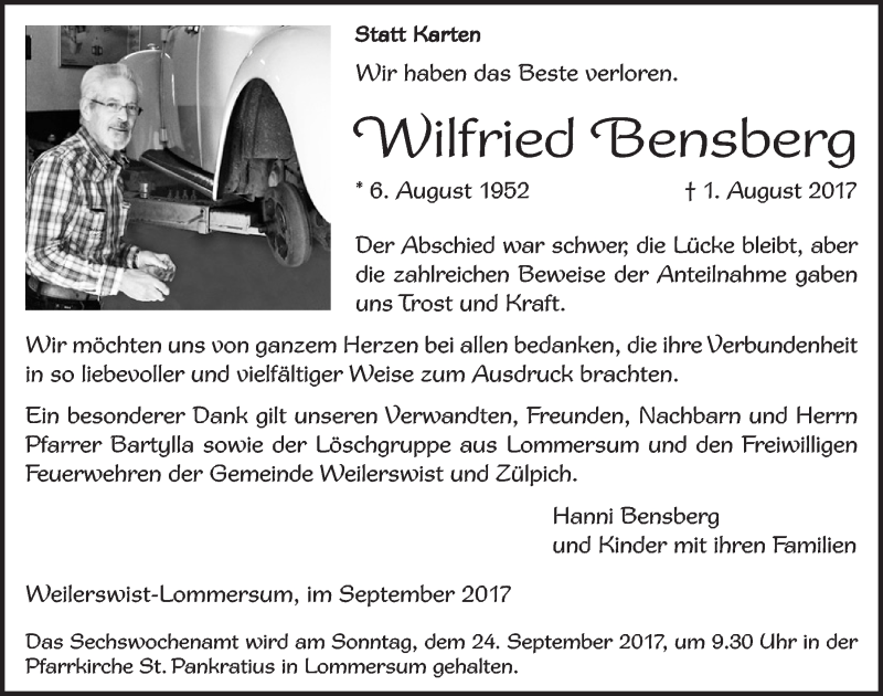  Traueranzeige für Wilfried Bensberg vom 09.09.2017 aus  Blickpunkt Euskirchen 
