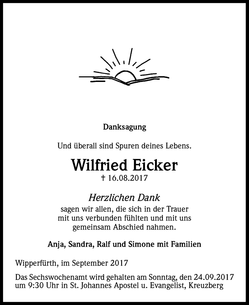  Traueranzeige für Wilfried Eicker vom 23.09.2017 aus Kölner Stadt-Anzeiger / Kölnische Rundschau / Express