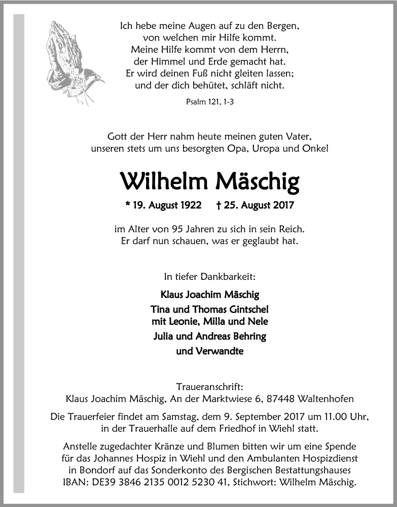  Traueranzeige für Wilhelm Mäschig vom 02.09.2017 aus Kölner Stadt-Anzeiger / Kölnische Rundschau / Express