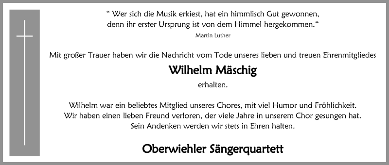  Traueranzeige für Wilhelm Mäschig vom 09.09.2017 aus Kölner Stadt-Anzeiger / Kölnische Rundschau / Express