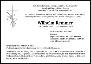 Anzeige von Wilhelm Remmer von Kölner Stadt-Anzeiger / Kölnische Rundschau / Express