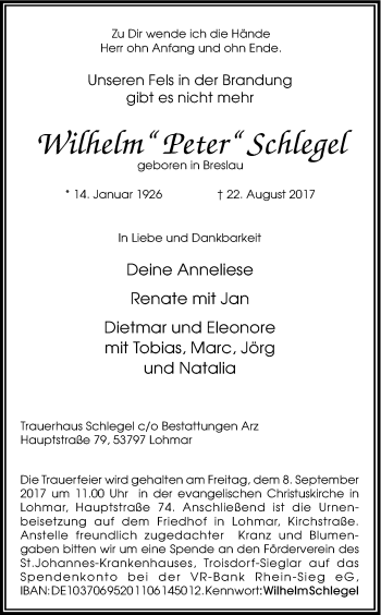 Anzeige von Wilhelm Schlegel von Kölner Stadt-Anzeiger / Kölnische Rundschau / Express