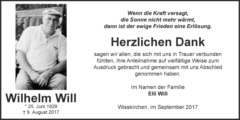  Traueranzeige für Wilhelm Will vom 02.09.2017 aus  Blickpunkt Euskirchen 