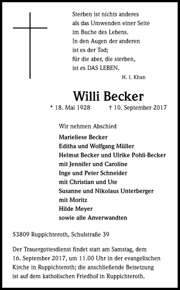 Anzeige von Willi Becker von Kölner Stadt-Anzeiger / Kölnische Rundschau / Express