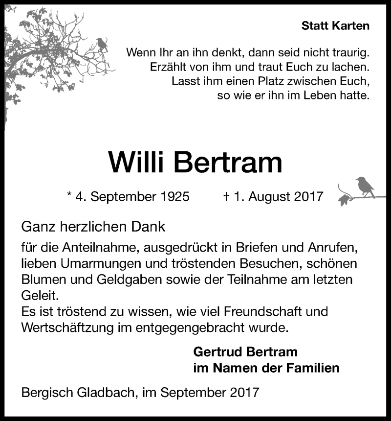  Traueranzeige für Willi Bertram vom 04.09.2017 aus Kölner Stadt-Anzeiger / Kölnische Rundschau / Express