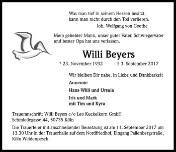 Anzeige von Willi Beyers von Kölner Stadt-Anzeiger / Kölnische Rundschau / Express