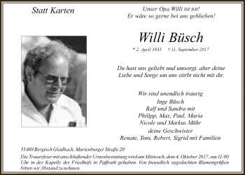 Anzeige von Willi Büsch von  Bergisches Handelsblatt 