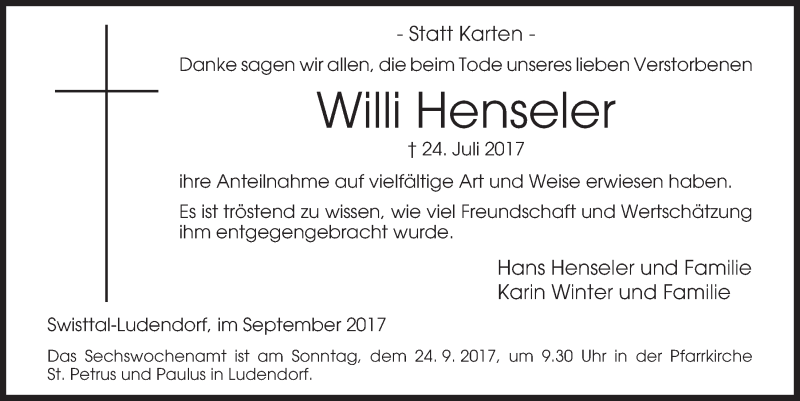  Traueranzeige für Willi Henseler vom 20.09.2017 aus  Schaufenster/Blickpunkt 