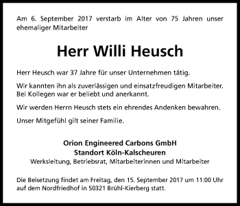 Anzeige von Willi Heusch von Kölner Stadt-Anzeiger / Kölnische Rundschau / Express
